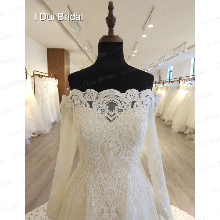Свадебное платье с открытыми плечами и длинным рукавом, высококачественное роскошное кружевное свадебное платье