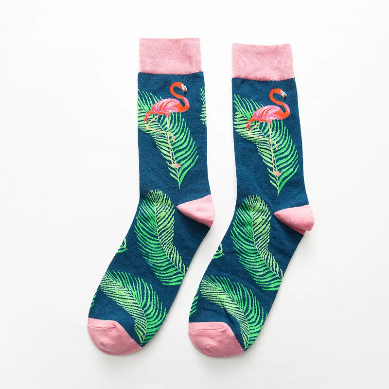 Новинка, хлопковые мужские спортивные носки с рисунком в виде листьев, повседневные носки унисекс в стиле хип-хоп с изображением фламинго, Длинные цветные носки - Цвет: KMH027-3
