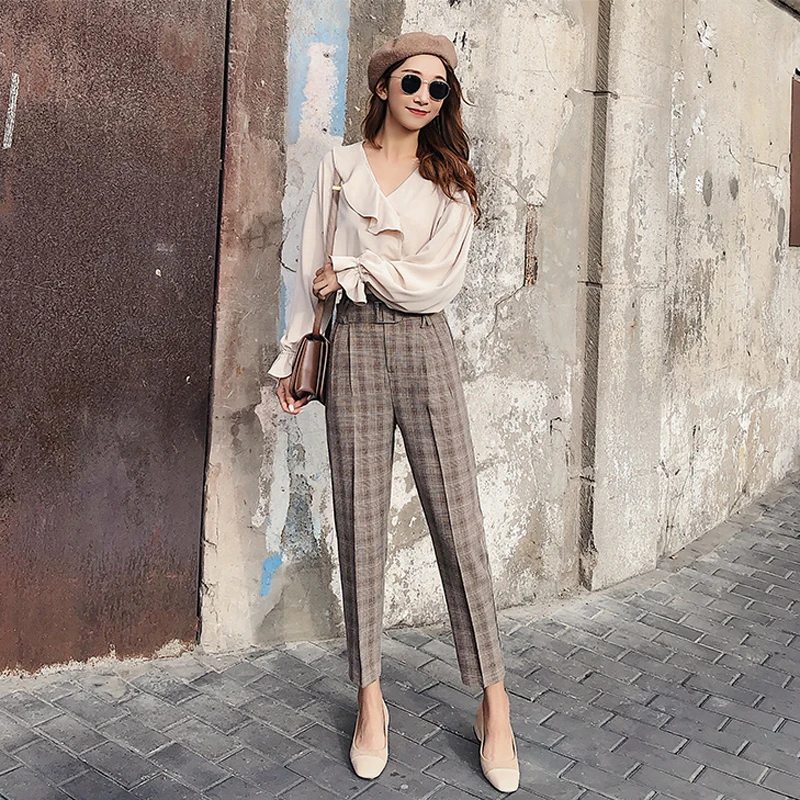 Najtaniej BGTEEVER Vintage spodnie w kratę dla kobiet skrzydła spodnie ołówkowe wysokiej talii Retro spodnie robocze kobiece spodnie w stylu casual 2018 wysokiej jakości