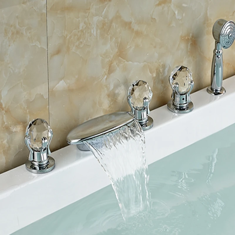 Wholesale And Retail Polished Chrome Brass Waterfall Bathroom Tub Faucet 5 pcs W/ Hand Shower Sprayer Mixer Tap Deck Mounted Wholesale And Retail Polished Chrome Brass Waterfall Bathroom Tub Faucet 5 pcs W/ Hand Shower Sprayer Mixer Tap Deck Mounted