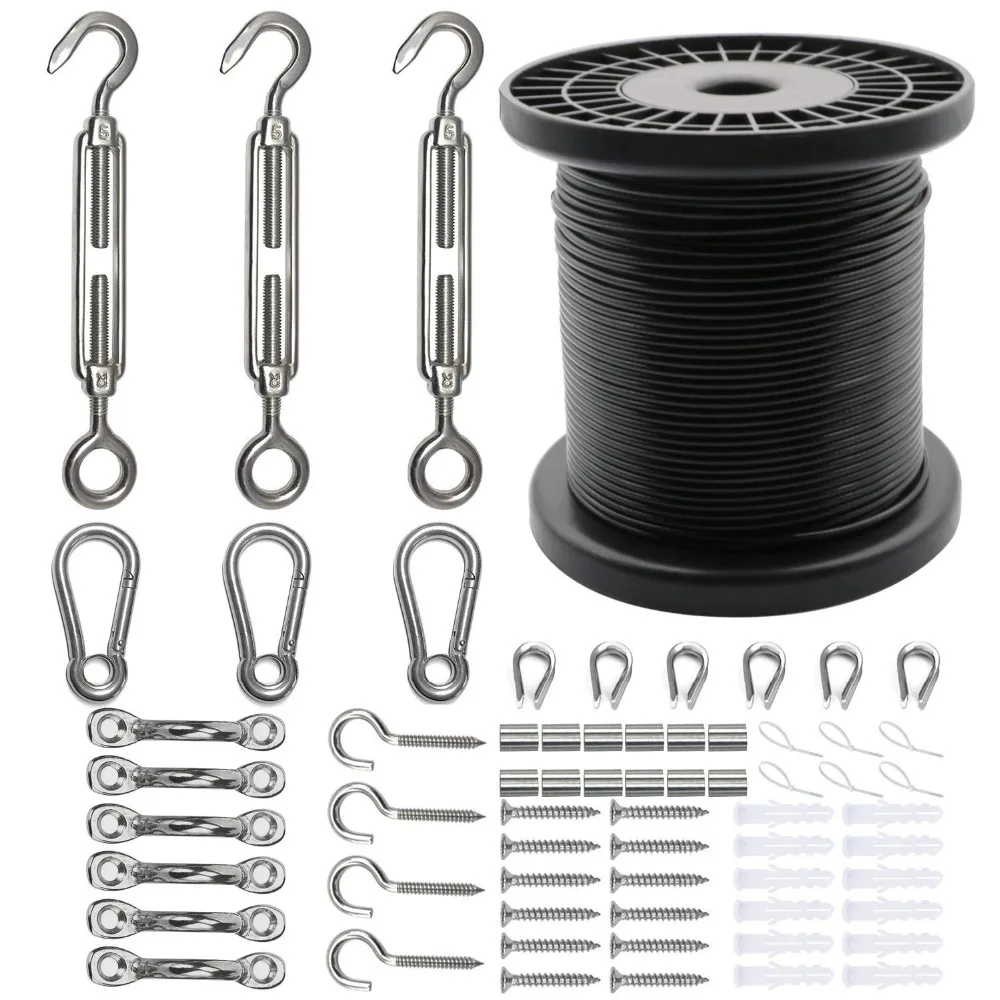 

String Light Hanging Kit Stainless Steel Cable for Outdoor Lights Suspension Kit 164 FT Wire Rope Cable Turnbuckle and Hooks