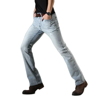 

Boot Cut Jeans for Man Light Blue Ripped Flare Jeans Slim Fit Men Stretch Business Casual Denim Pants Office Long Flared Jeans
