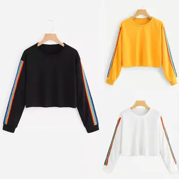 

Brand 2019 New Women Spring Autumn Rainbow Stripe Cute Patchwork Long Sleeve Crew Neck Loose Crop Top Casual Short Hoodies