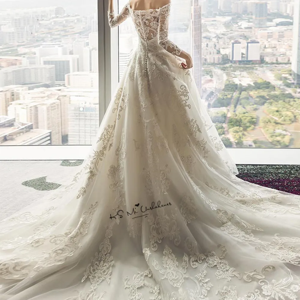 Gelinlik церковные кружевные свадебные платья Vestido de Noiva Manga Longa платье невесты с длинными рукавами Аппликация Свадебное платье для принцессы