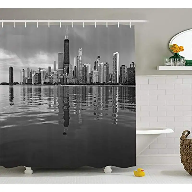 

Vixm Chicago Skyline Shower Curtain Nostalgic Weathered Lake Michigan Harbor Coastal Town Urban Vintage Fabric Bath Curtains