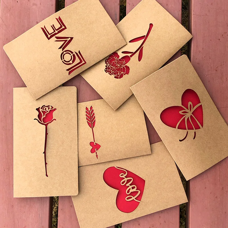 

1pc Kraft Paper Valentine's Day Pattern Hollow Greeting Card invitation Wedding Thanks Birthday DIY Card Paper Gift