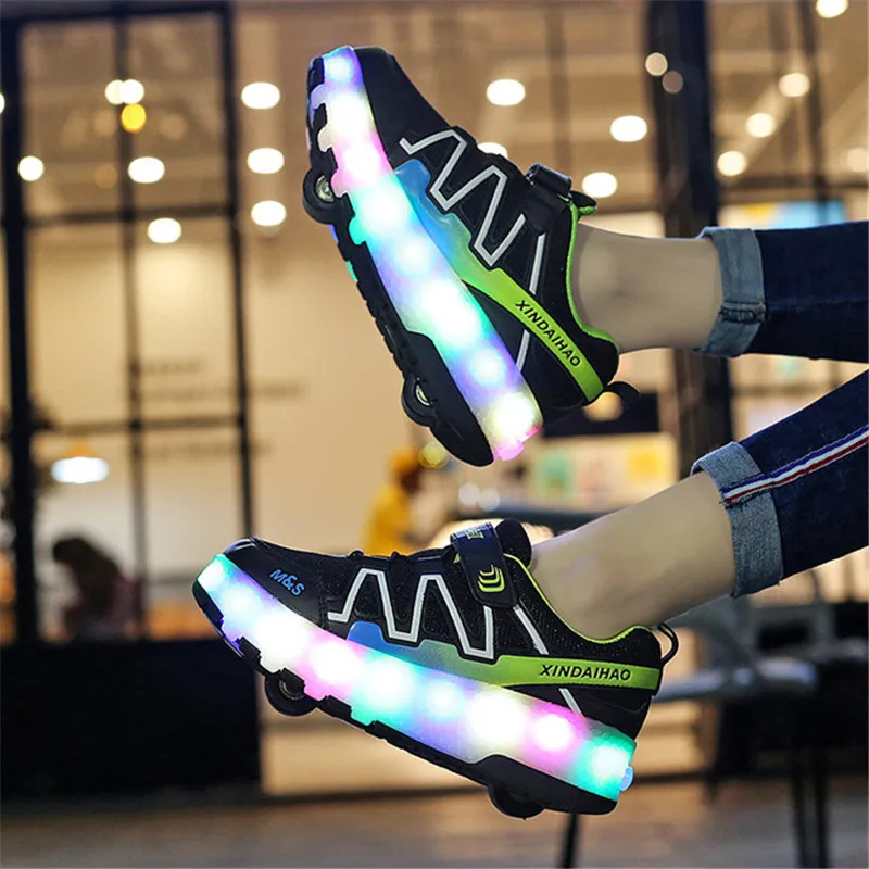 14y الكبار الاطفال الأحذية الأسطوانة أحذية دهاء USB وامض أحذية التزلج غير مرئية بكرة واحدة مزدوجة عجلات الصبي الفتيات مضيئة أحذية