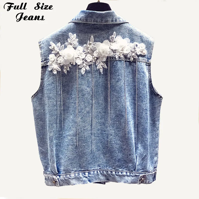

Plus Size Women Floral Embroidery Slim White Blue Denim Vest 3XL Large Size Sequined Tassels Streetwear All-Match Jeans Vests