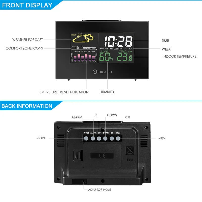 Digoo DG-C3 гигрометр, термометр, метеостанция, будильник, температура, влажность, подсветка, функция повтора