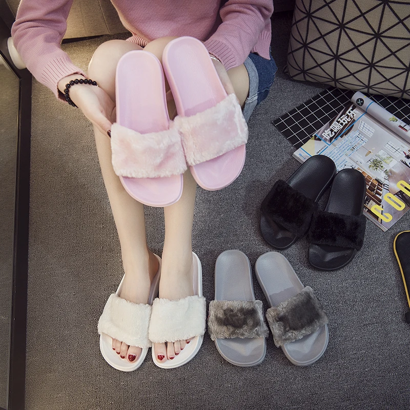 Home Slippers Women Summer Fur Sliders 2018 Beach Fluffy with Feathers Fashion Flip Flops Flat Slides Plush Shoes Ladies Chinelo