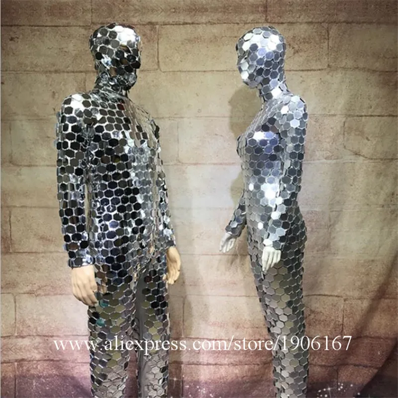 Ballroom dance men robot mirror suit women stage show costumes singer silver clothes models performance catwalk wears dj0