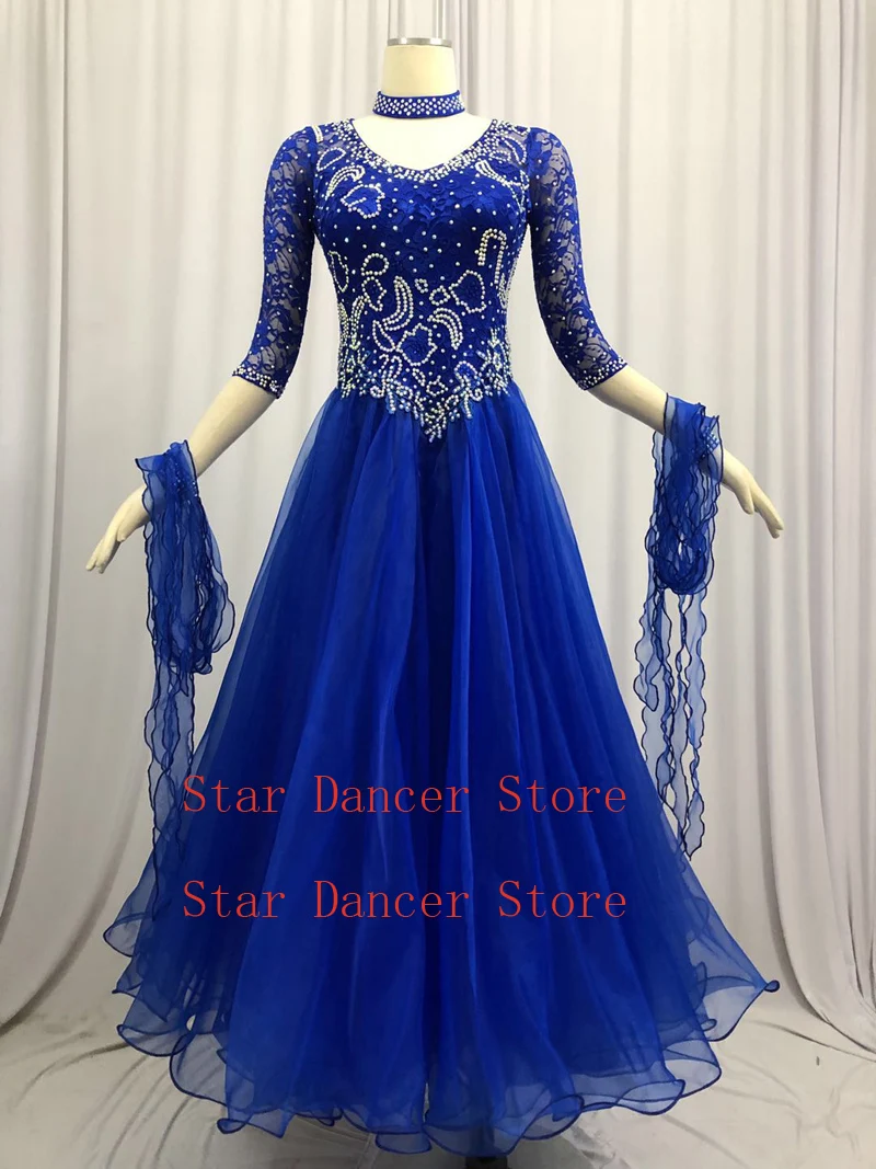 Ballroom Dance Dress Modern Waltz Standard Competition Stones Blue Dress W104 