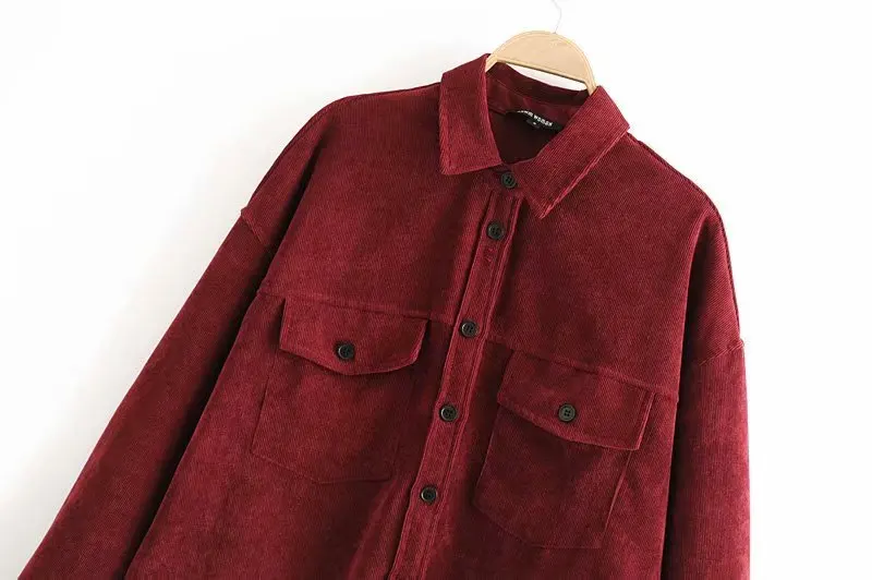 ASDS Для женщин Chic Curduroy блузка с длинными рукавами и карманами плиссированные