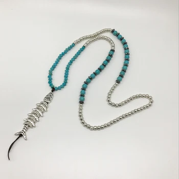 

Boho retro original style necklace natural stone and black stone stone bead long necklaces fish unique design gift necklace