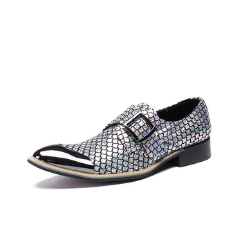 

New Fashion Luxury Mens Dress Shoes Gold Silver Shiny Fishscale Pattern Formal Party Business Shoes With Buckle Espadrilles 2018