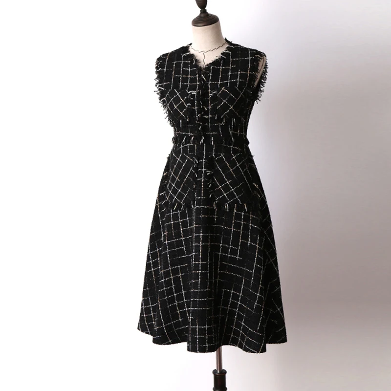 

Black Gold Check Tweed Dress 2019 Spring and Autumn Women's Dress Retro Tassel Fashion Wild Slim Dress