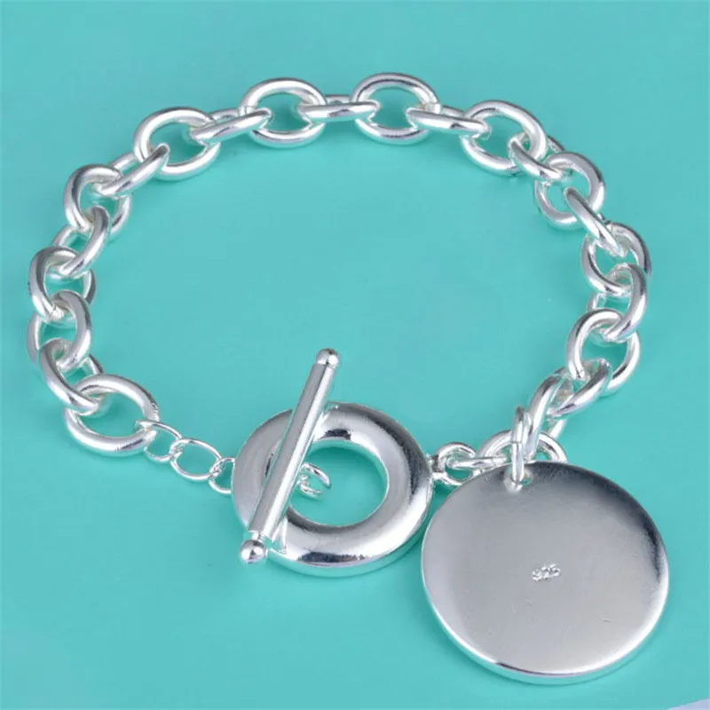 

925 Sterling Silver Fashion Bracelet Round Pendant Engraved 925 Smooth Charm Jewelry Simple Style Bracelet Wholesale