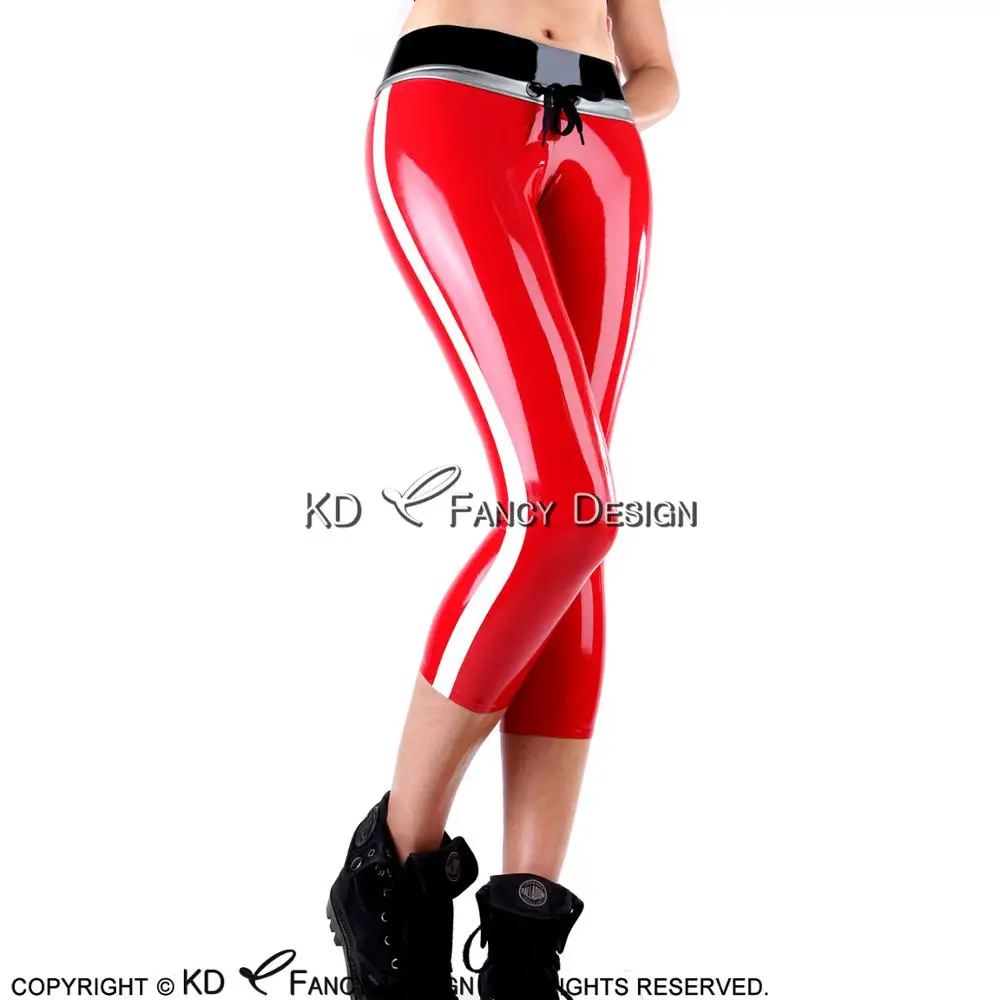 

Sexy Latex Leggings Calf Length With Stripes And Lacing Front Rubber Pants Jeans Trousers Bottoms CK-0052