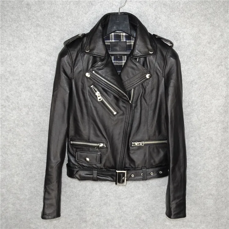 

New 2019 Fashion Trend Women's Genuine Sheepskin Leather Motorcycle Biker Jackets Turn-down Collar Black Plus Big Size XXL 2XL