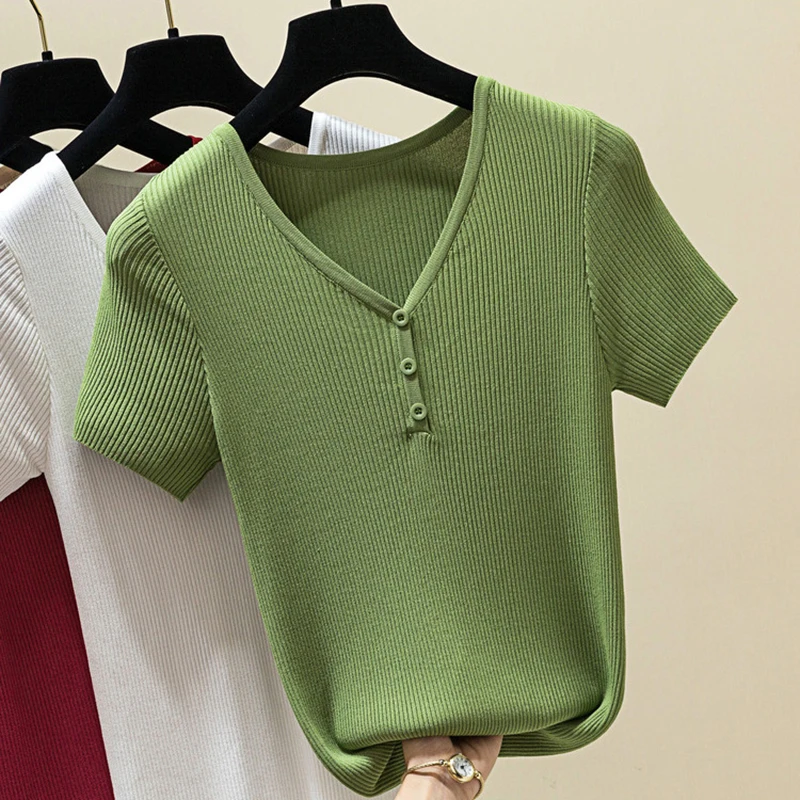 

Shintimes 2019 Summer Casual Knitted Button T Shirt Women Short Sleeves Solid T-Shirt Sexy V Neck Tops 6 Colour Tee Shirt Femme