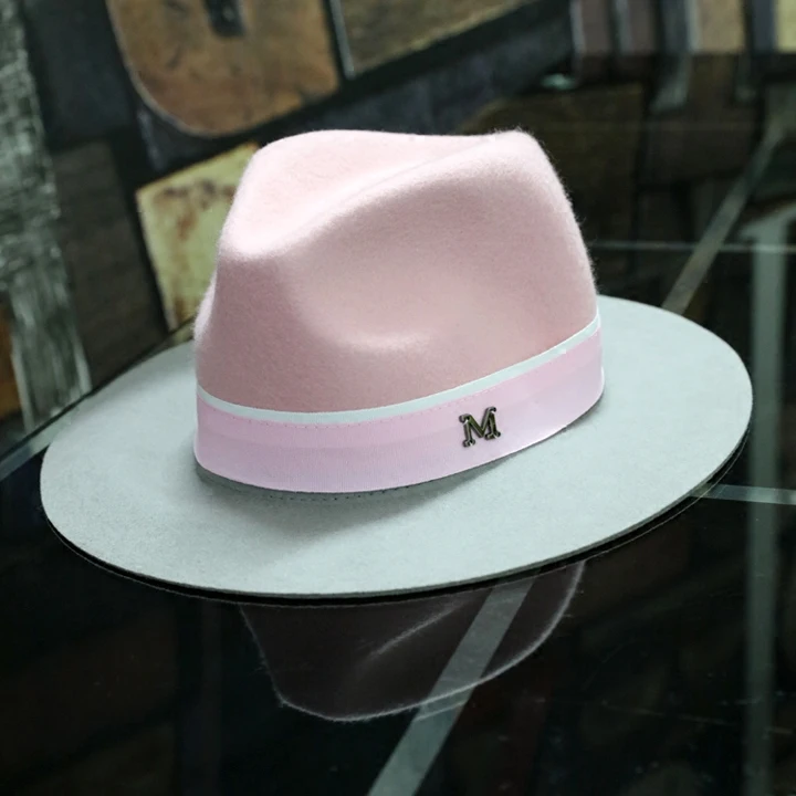 dropshipping Elegant winter womens M letter wool Jazz fedora hat pink