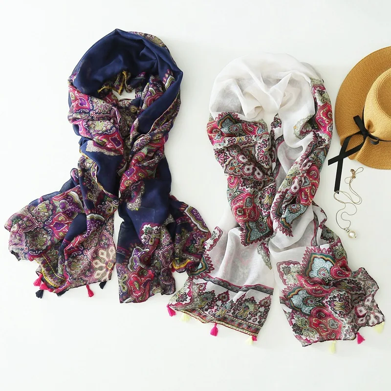 2016 Women Vintage Floral Pattern Tassel Scarf Quality Cotton Tassel Scarf Shawls Wraps Hijabs