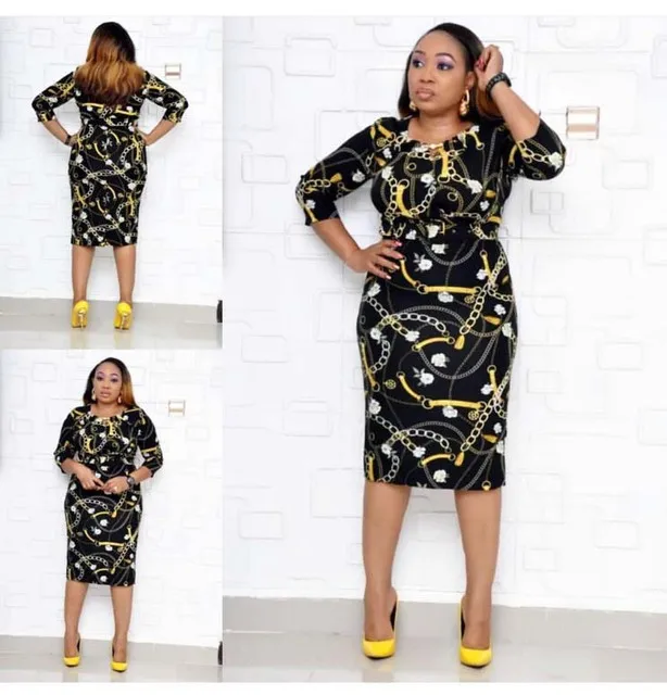 

2019 New African Dresses for Women Dashiki Print Patterns Bazin Riche Fashion Slim Bodycon Pencil Midi Knee Length Dress Ladies