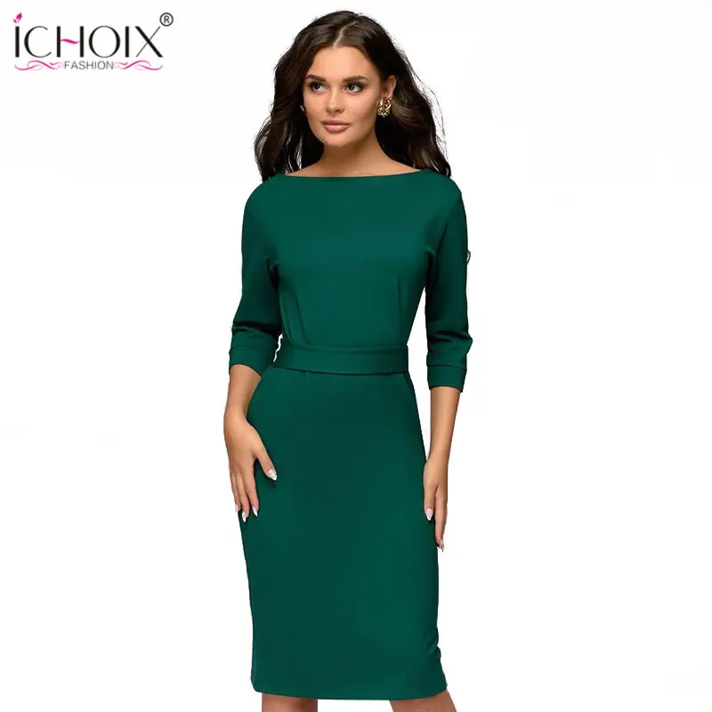 Billig ICHOIX Frühling winter damen kleid 2019 arbeit bleistift kleid langarm midi dünnes frauen kleider büro kleid bodycon schärpen vestido