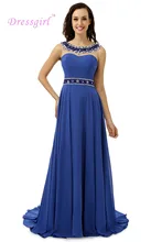 Backless Real Sample 2017 Prom Kleider A-line Scoop Royal Blue Chiffon Perlen Kristalle Abendkleid Abendkleider Abendkleid