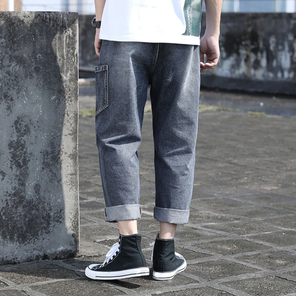 Men's New Fashion Summer Casual Fold Straight Loose Hole Jeans Long Pants Washed Denim skinny blue Trouser Straight Leg Slim Fit