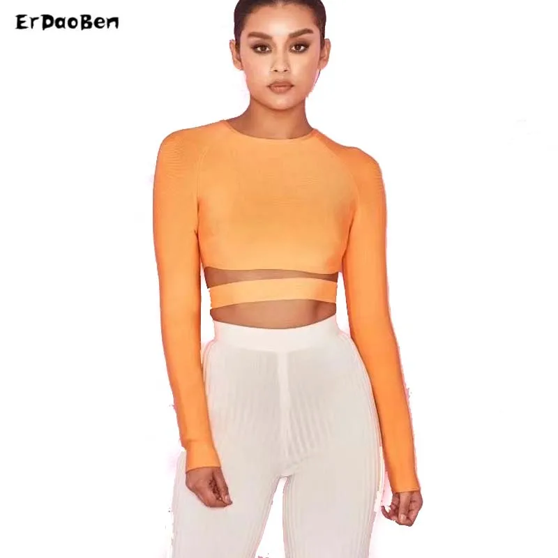 

ERDAOBEN Long Sleeve O- Neck Bandage Sexy Club T Shirt 2018 New Casual Crop Tops H4432