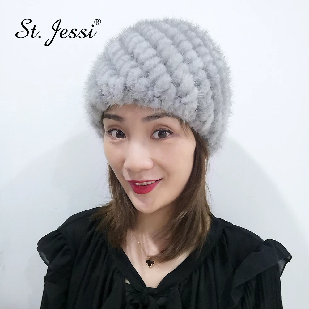 

ST.Jessi 2019 Lady's New Luxury 100% Real Mink Fur Hat Natural Handmade Knitted Solid Color Fur Thick Stripe Warm Beanies Cap
