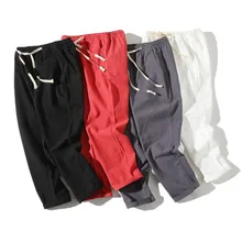 Мужские летние повседневные льняные хлопковые брюки с эластичной резинкой на талии уличные бегуны для отдыха мужские модные тренировочные брюки Винтажные льняные брюки 8 цветов