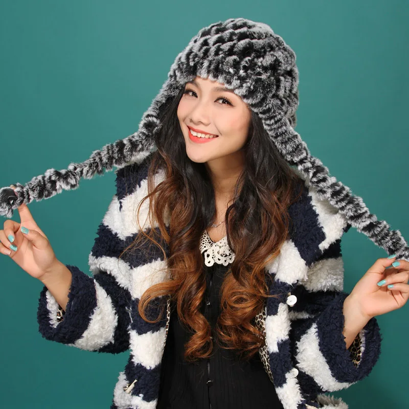 autumn winter Super warm winter women genuine rex rabbit fur ear muffs Rex Rabbit cap lady luxur fur hat hair band ribbon