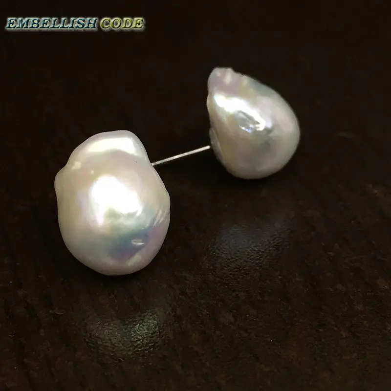 Baroque Pearl Stud Earrings White Lustrous Tissue Nucleated Style Fire Ball Pear Shape Natural Freshwater Special