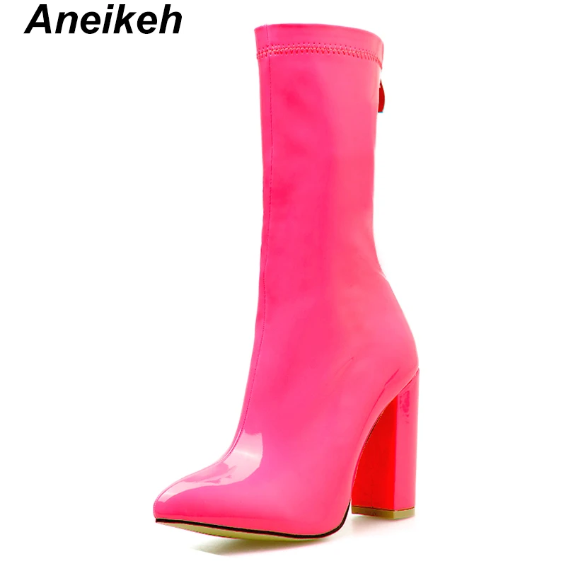 Pink Aneikeh/ г. Новинка, летние сапоги до середины икры из PU искусственной кожи женские ботинки на молнии с острым носком Прозрачные, вечерние, розовые, зеленые, низкие, 35-40 - Цвет: Pink