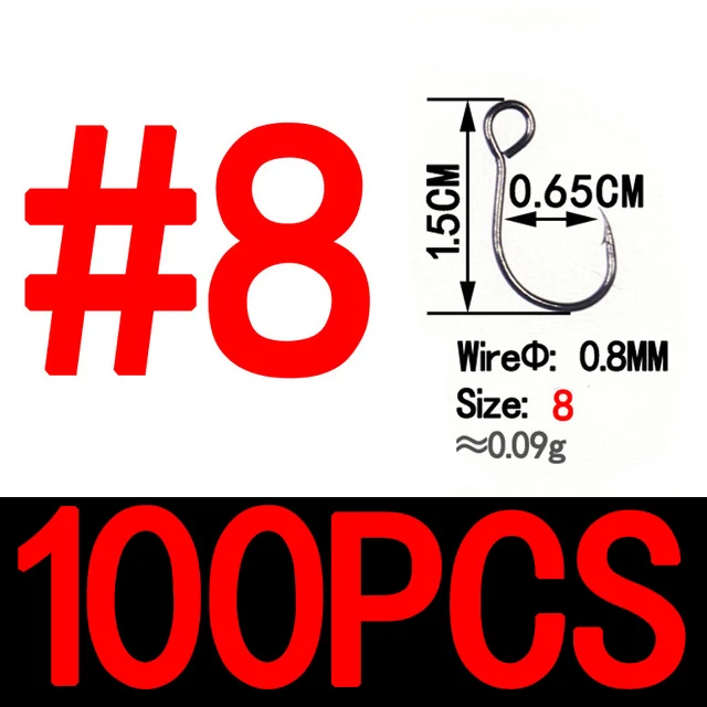 100pcs size 8 Bimoo 100 шт. для рыболовной приманки, запасной крючок, одиночные рыболовные крючки, встроенный крючок, большой глаз, размер 2/0, 1/0, 1, 2, 4, 6, 8, острая Высокоуглеродистая сталь - Цвет: 100pcs size 8