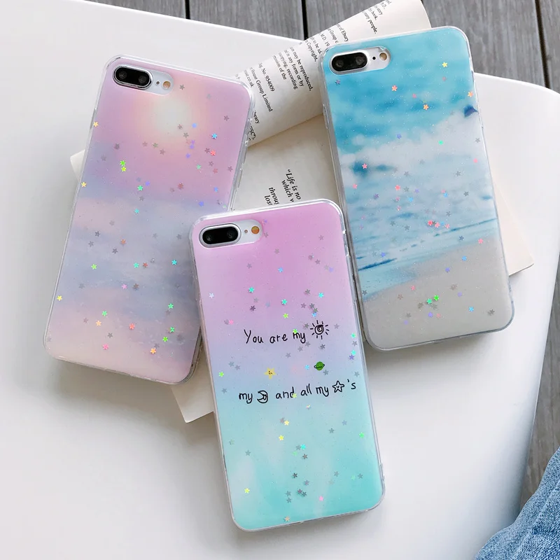 

Shinning Star Twilight Seashore Case For iPhone 8 6S 7 Plus Glitter TPU Case For iPhone XS X XR XS Max Soft Back Cover Coque