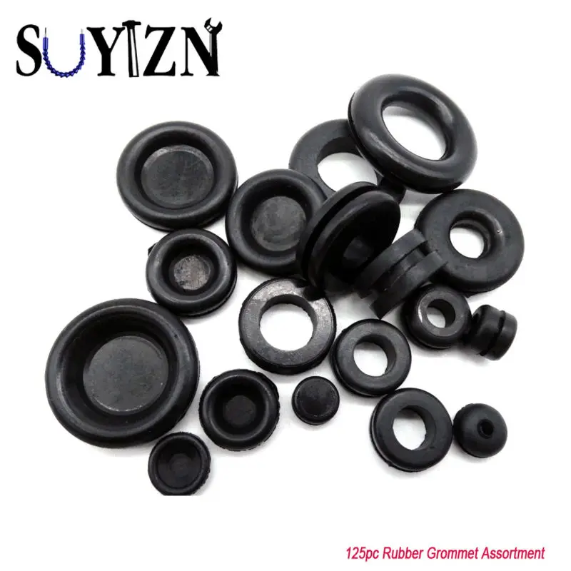 125PC Grommet Gasket Black Rubber Hardware Assortment Plug Wire Ring Kit Electrical Gasket Tools