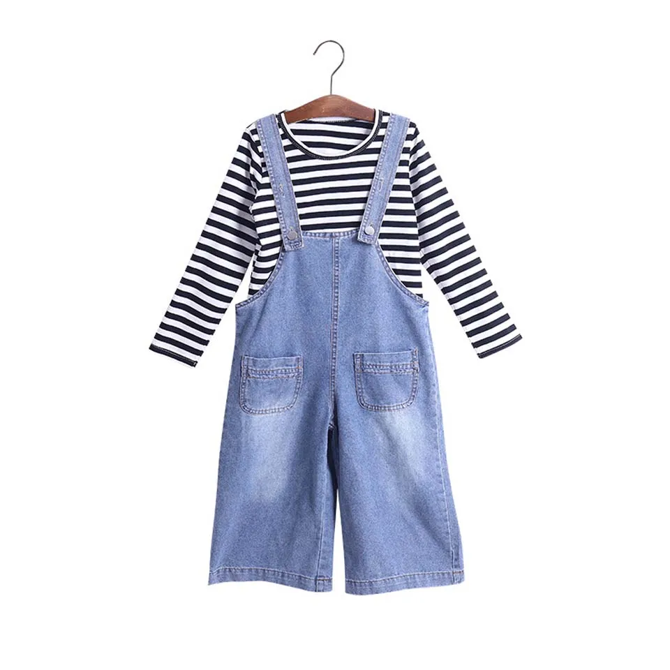

2018 Spring Autumn Girls Suit Set Children Clothing Sets Kids Big Girls Stripe T-shirt + Denim Overalls Pants 4-14Y