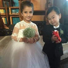 Прекрасное платье для причастия белого цвета/цвета слоновой кости дети дошкольного возраста Платья для причастия Длинные рукава с аппликацией Тюль бальное платье Платье для девочек с цветочным узором для свадебного торжества