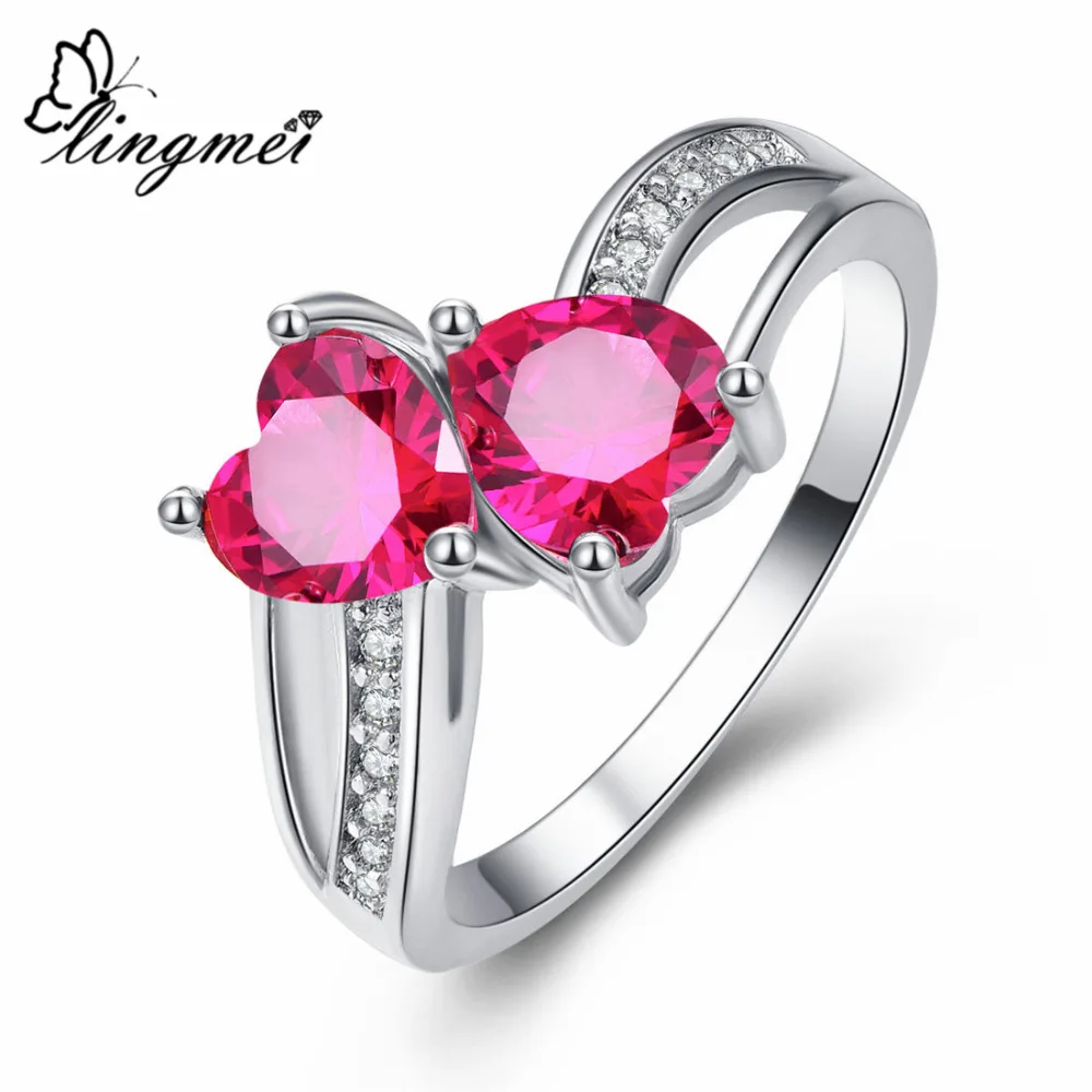 

lingmei New Arrive Two Hearts Design Red Cubic Zirconia Silver Color Ring Size 6 7 8 9 Cute lovers' Classic Jewelry Wedding Gift