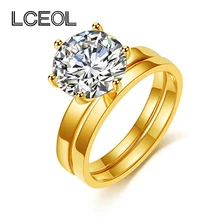 LCEOL  Fashion Design 2 Circles Eternity Love Single CZ Diamonds Ring Set Engagement Wedding Rings for Women Couple Jewelry