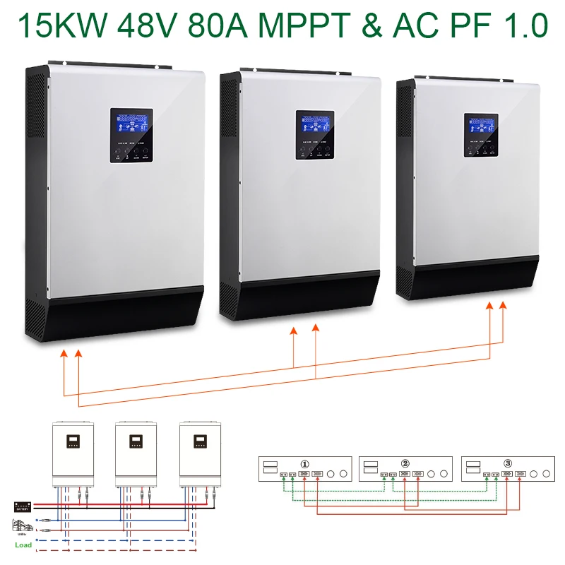 15KW 450VDC солнечный инвертор 80A MPPT 48Vdc 230VAC Гибридный автономный инвертор 60A зарядное устройство для 1 фазы и 3 фазы