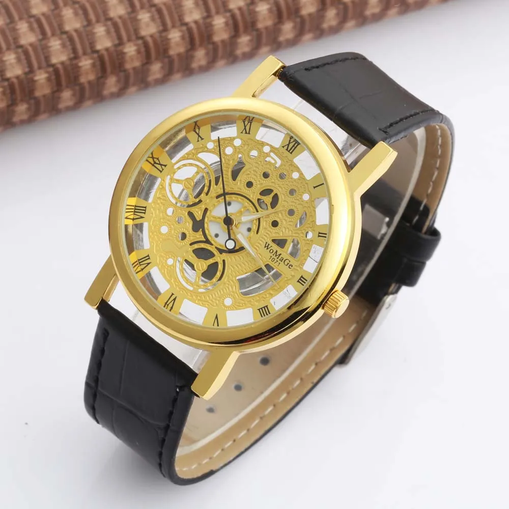 

WOMAGE Fashion Quartz Skeleton Watch Men Women Brand Leather Band Watch transparent Hollow Watches Imitation Mechanical Clock