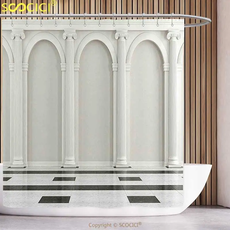 

Unique Shower Curtain Pillar Decor Antique Theme Classic Interior with Ionic Column Marble Floor Digital Image Black White Bathr