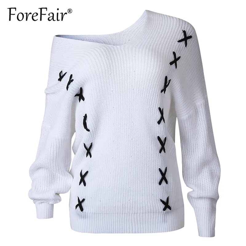 Forefair Casual Loose White Knitted Sweater 2018 Women Autumn Long Sleeve Pullovers Lace-up Oversize Tops Sweaters Sweaters