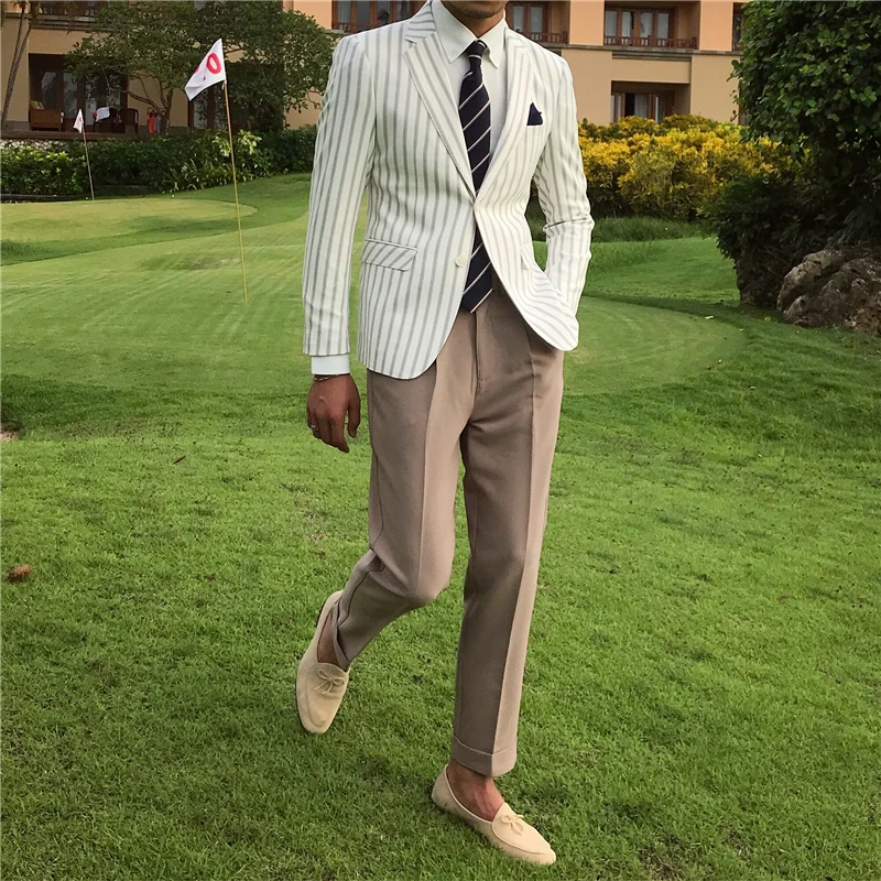

M-3XL 2019 Men's clothing fashion Star GD hair stylist British Summer Retro Stripe Thin Suit plus size costumes