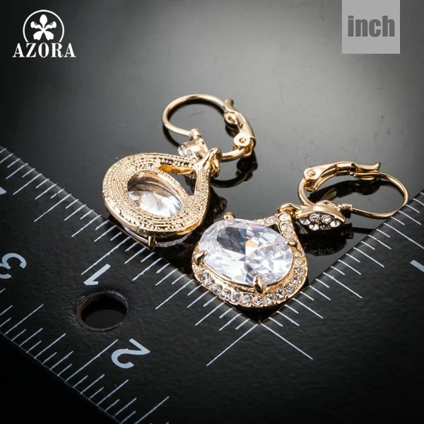 AZORA Gold Color Top AAA+ Cubic Zirconia Egg Shaped Surround Tiny Crystal Drop Earrings TE0146