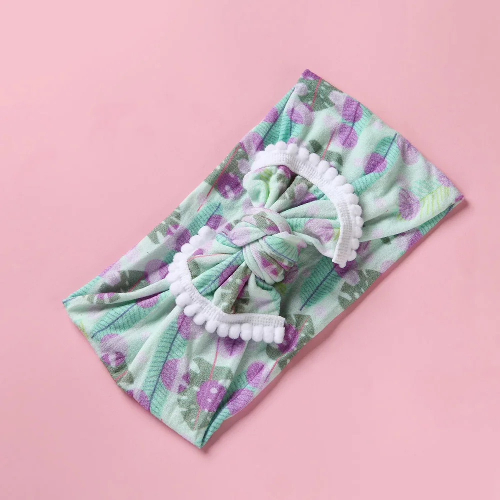 Style A -Floral 18 Широкая нейлоновая повязка с цветочным принтом для малышей с помпоном, белая отделка с помпоном, нейлоновая повязка на голову с бантом, универсальный размер - Цвет: Style A -Floral 18